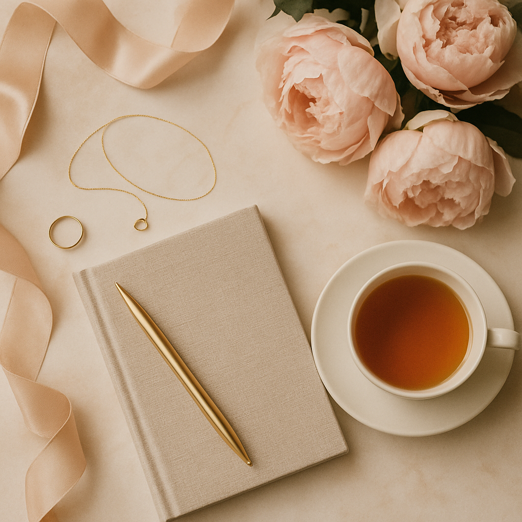 A still life of peonies, a linen journal, and gold jewelry on marble